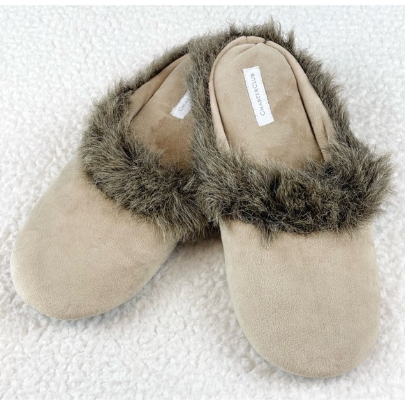 CHARTER CLUB • Cream/Brown Faux Fur Trimmed House Slippers - Picture 16 of 16